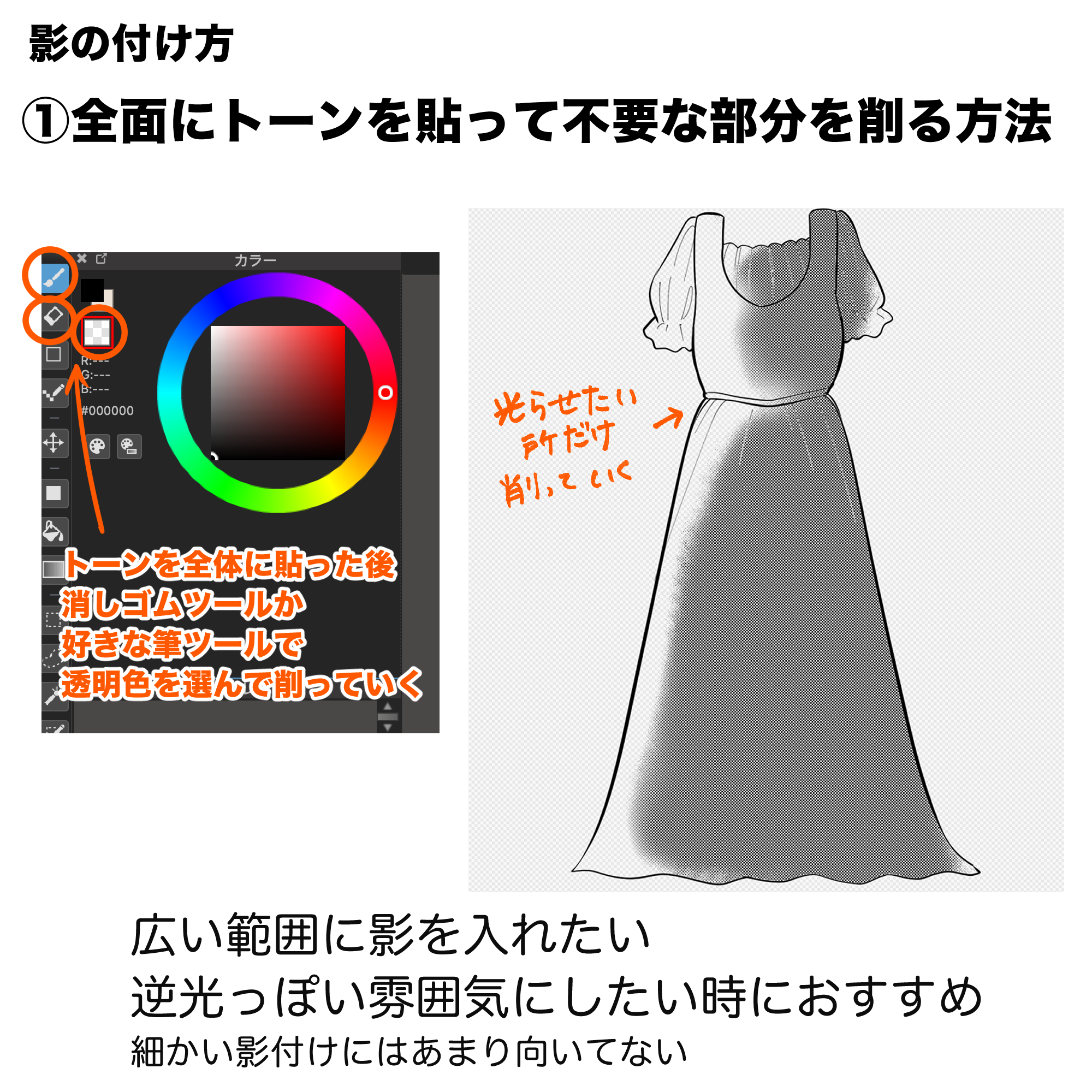 全面にトーンを貼って不要な部分を削る方法